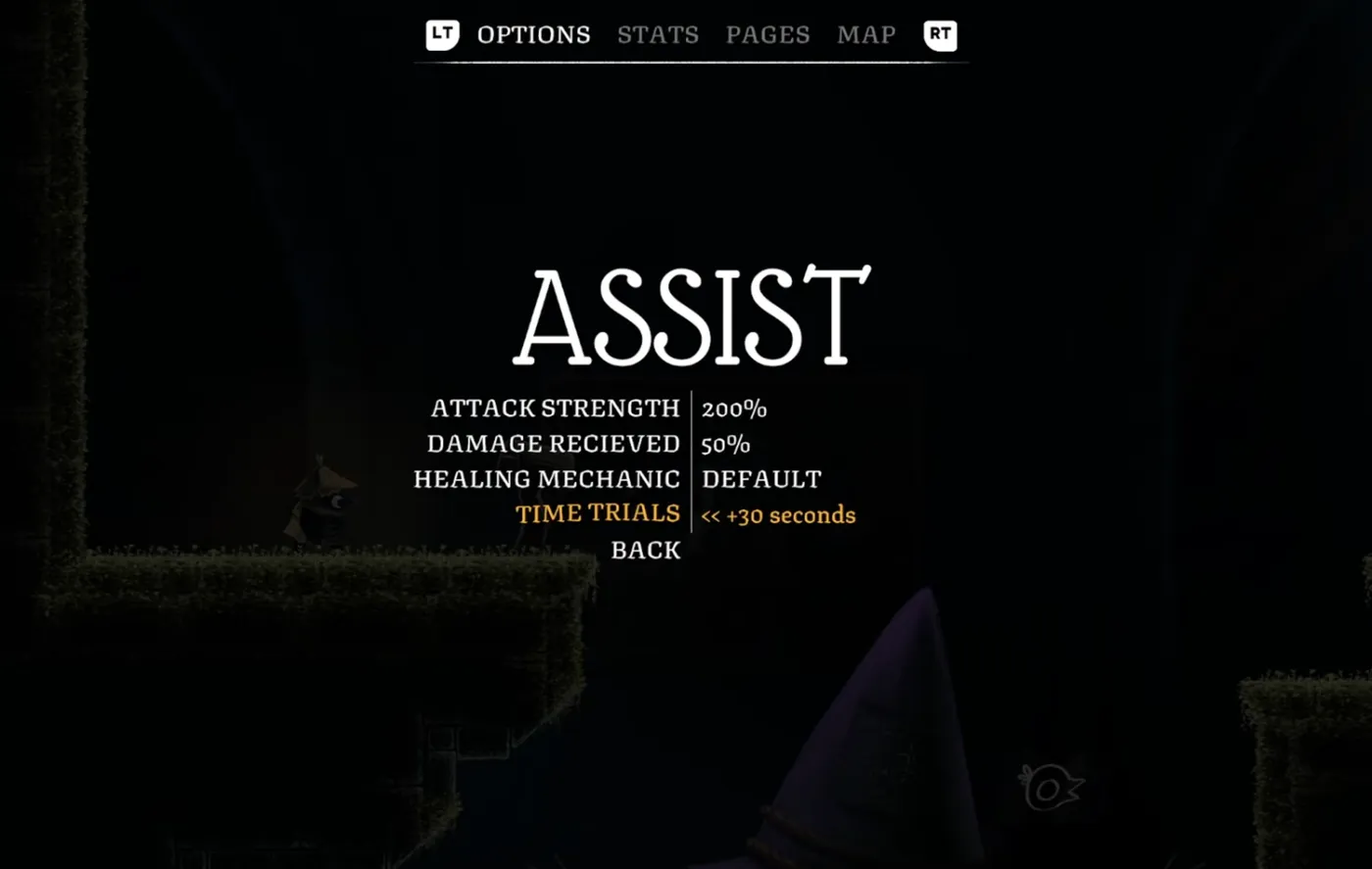 Well Dweller options menu assist screen with attack strength, damage received, healing mechanic and time trial settings