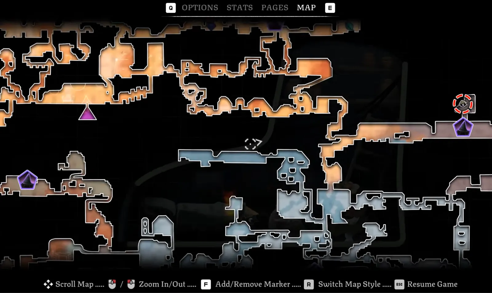 Well Dweller in-game map with colour-coded regions and markers