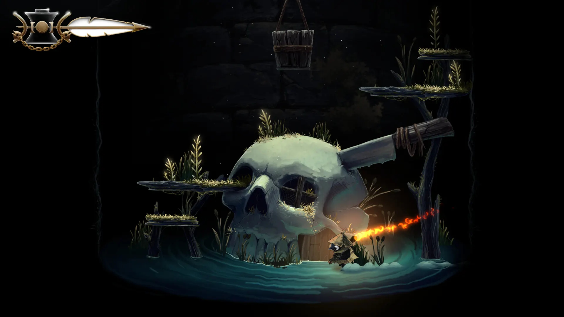 Official Well Dweller screenshot of the skull-shaped building in Night Garden