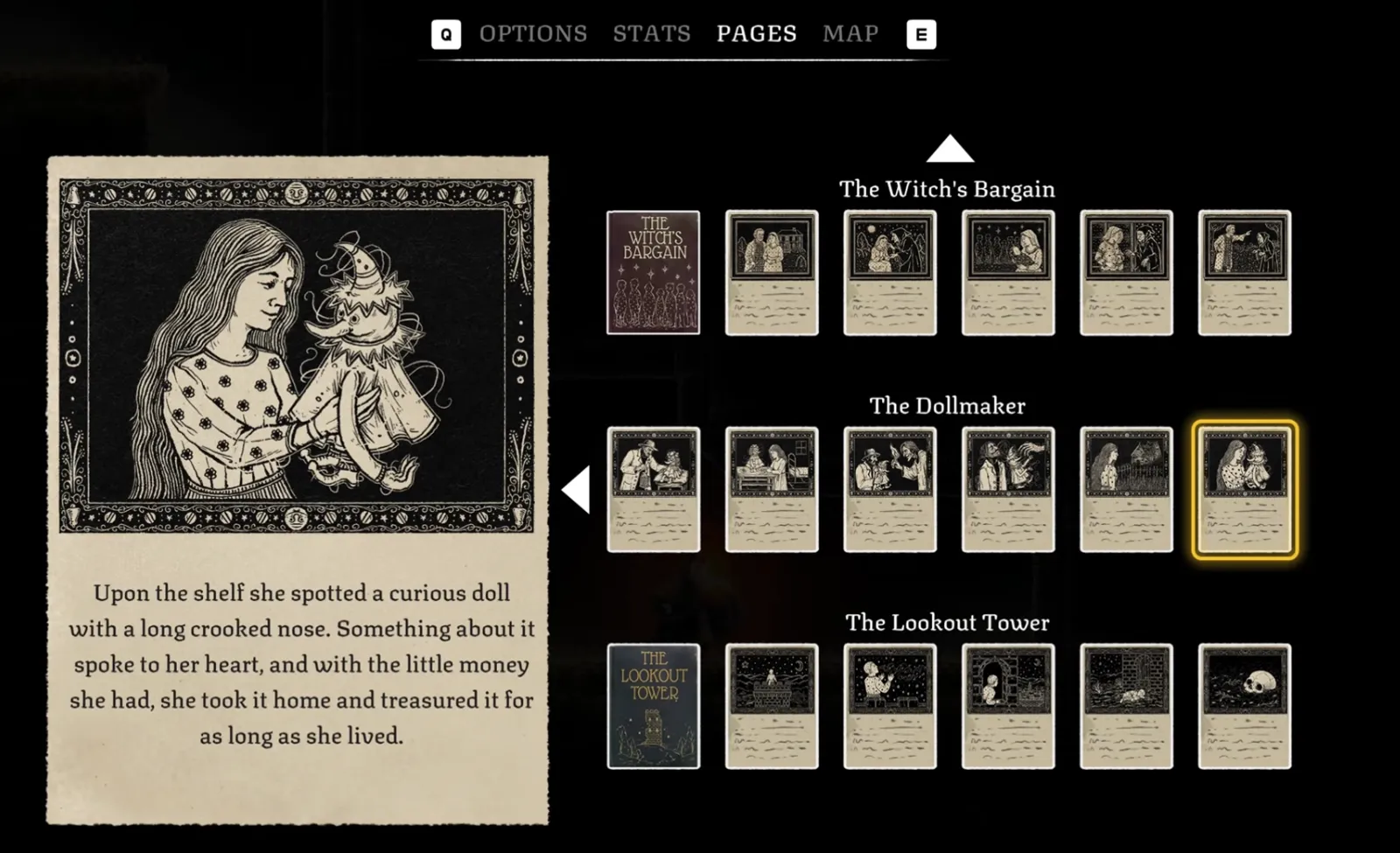 Well Dweller PAGES tab listing the three story books and their pages