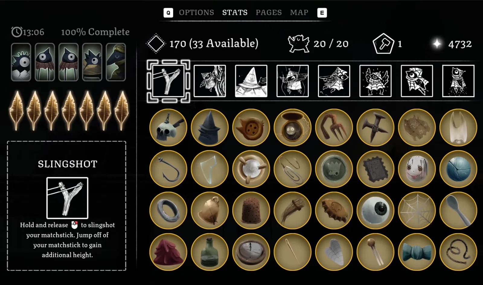 Well Dweller STATS tab showing the ability list with the Slingshot description