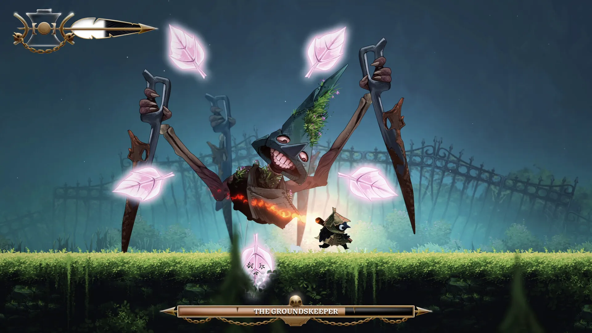 Official Well Dweller screenshot: Glimmer fighting The Groundskeeper in Night Garden