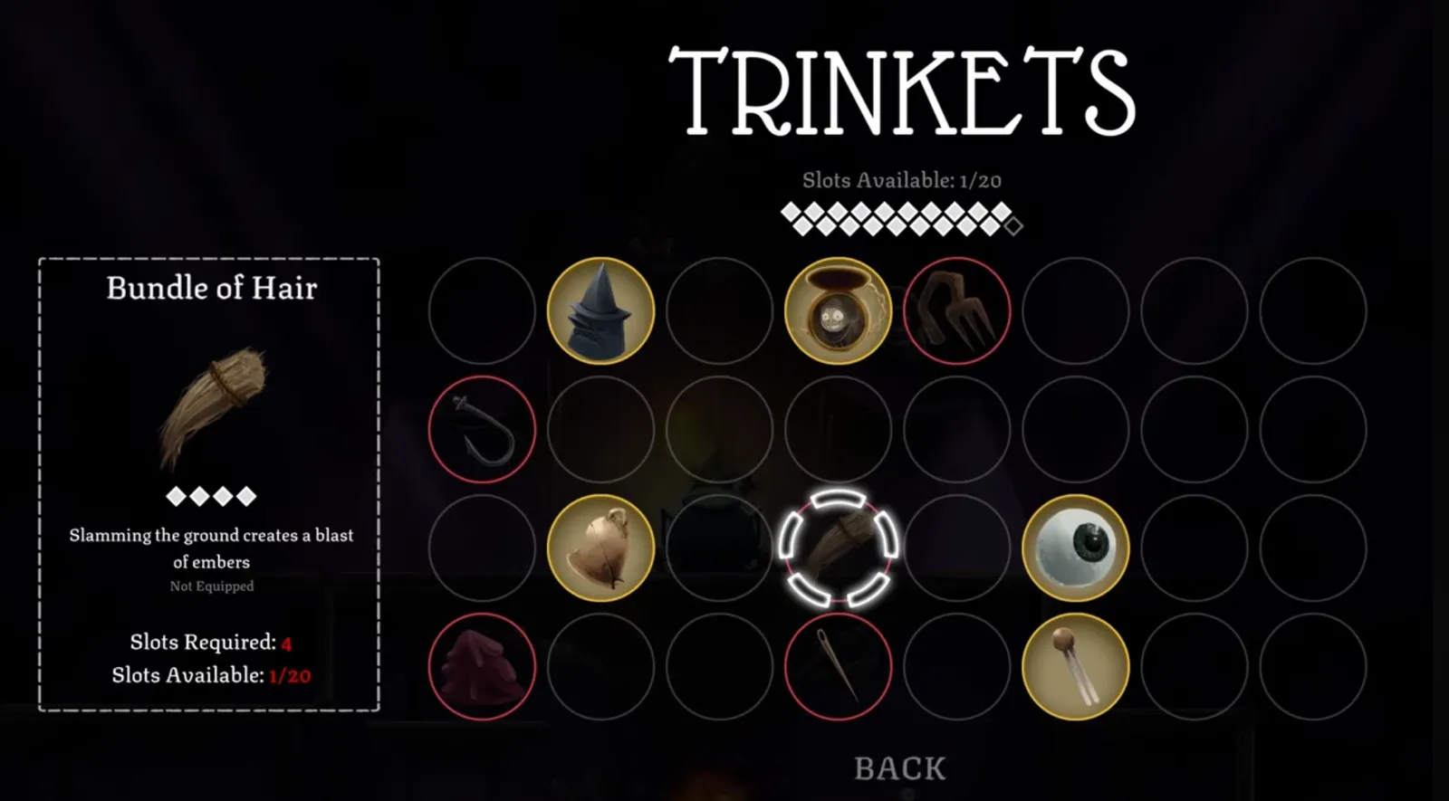 Well Dweller trinkets screen showing Slots Required for Bundle of Hair and Slots Available 1/20